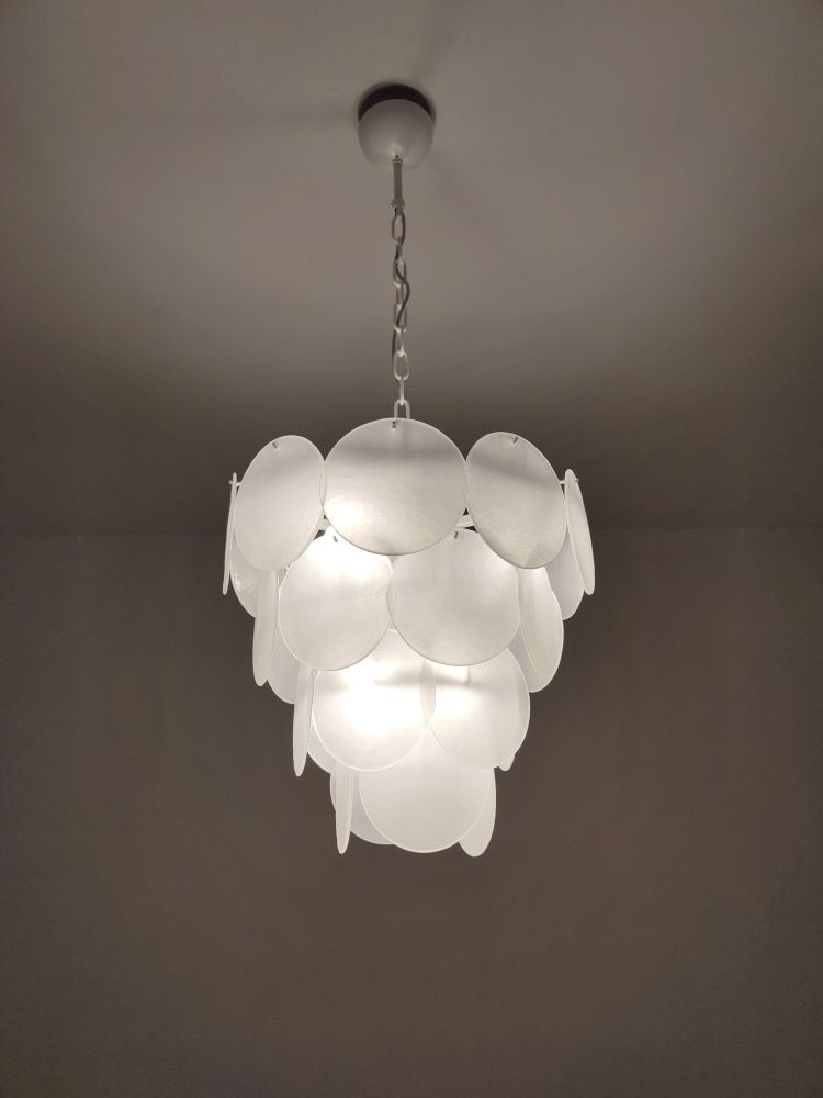 Satin white discs round chandelier 