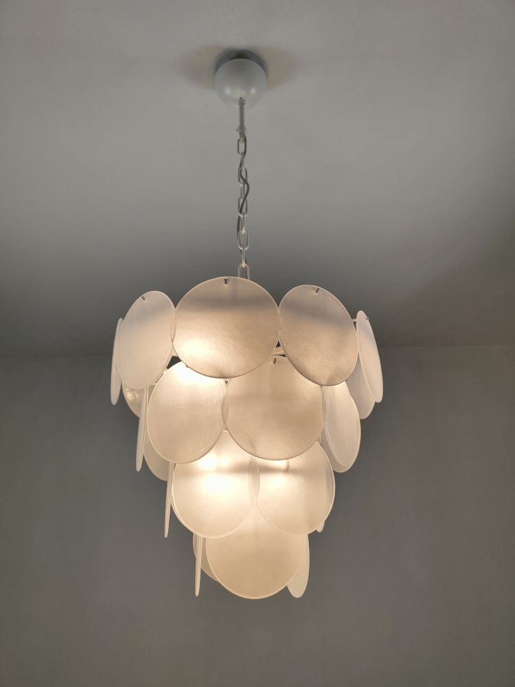 Satin white discs round chandelier